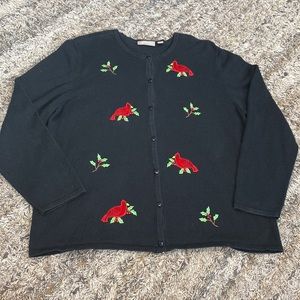Croft & Barrow Christmas holiday cardigan with red cardinal & holly berries 1X.